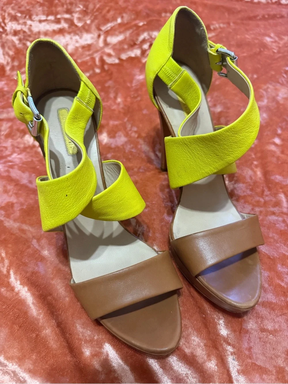 Longchamp Le Pliage Cuir Neon Yellow and Brown High Heel Sandals - Size 9.5/ 41
